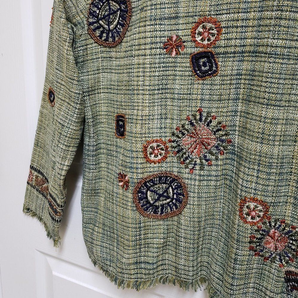 Chico's Green Multi Plaid Silk Blend Embroidered Beaded Fringe Tweed Blazer Sz S - Picture 13 of 14